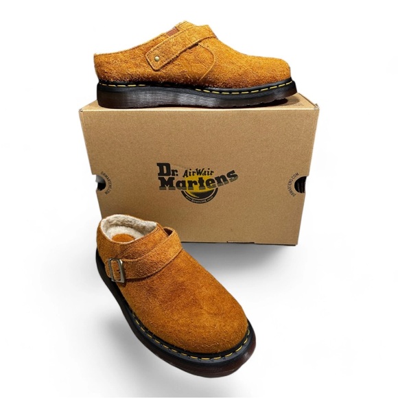 BRAND NEW! Dr. Martens Isham Pecan Brown Shearling Suede Mule Clogs - Size 5/6 - Picture 1 of 10